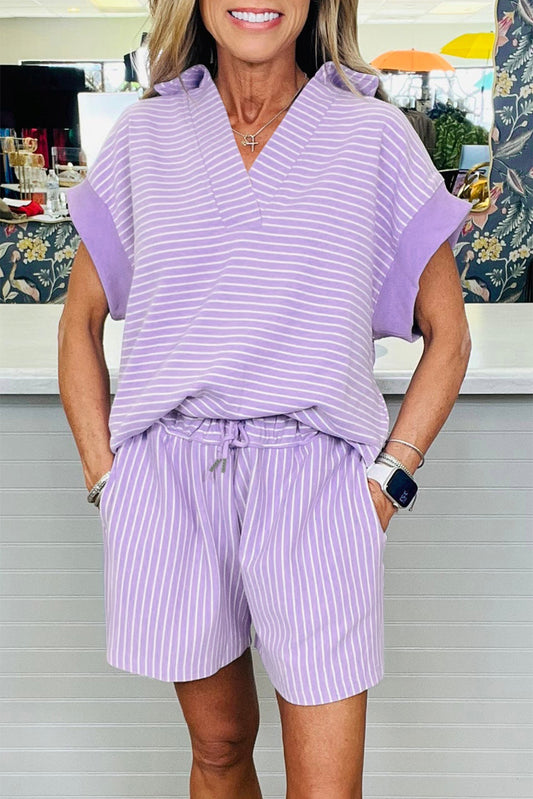 Striped Polo Shirt & Shorts Set Women S–2XL