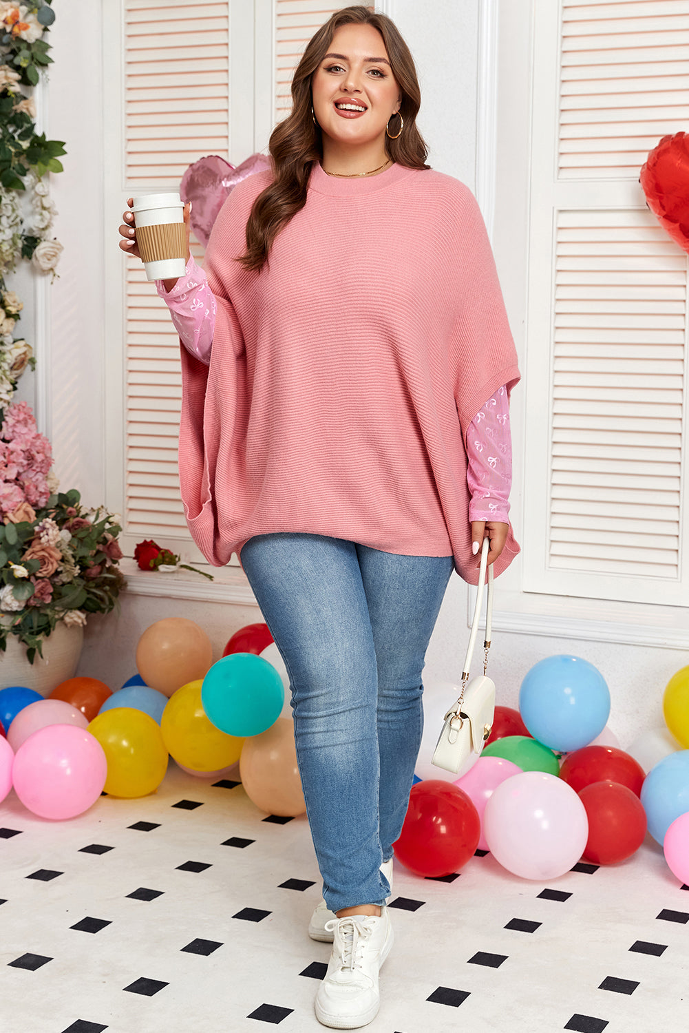 Ribbed Knit Poncho Style Sweater | Plus Size | Light Pink | 1X–4X