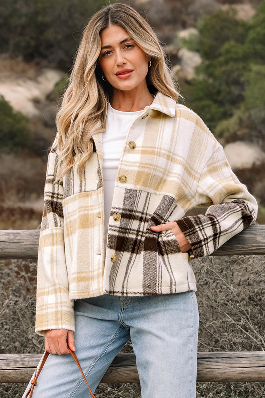 Multicolour Plaid Patchwork Buttoned Shacket with Side Pockets
