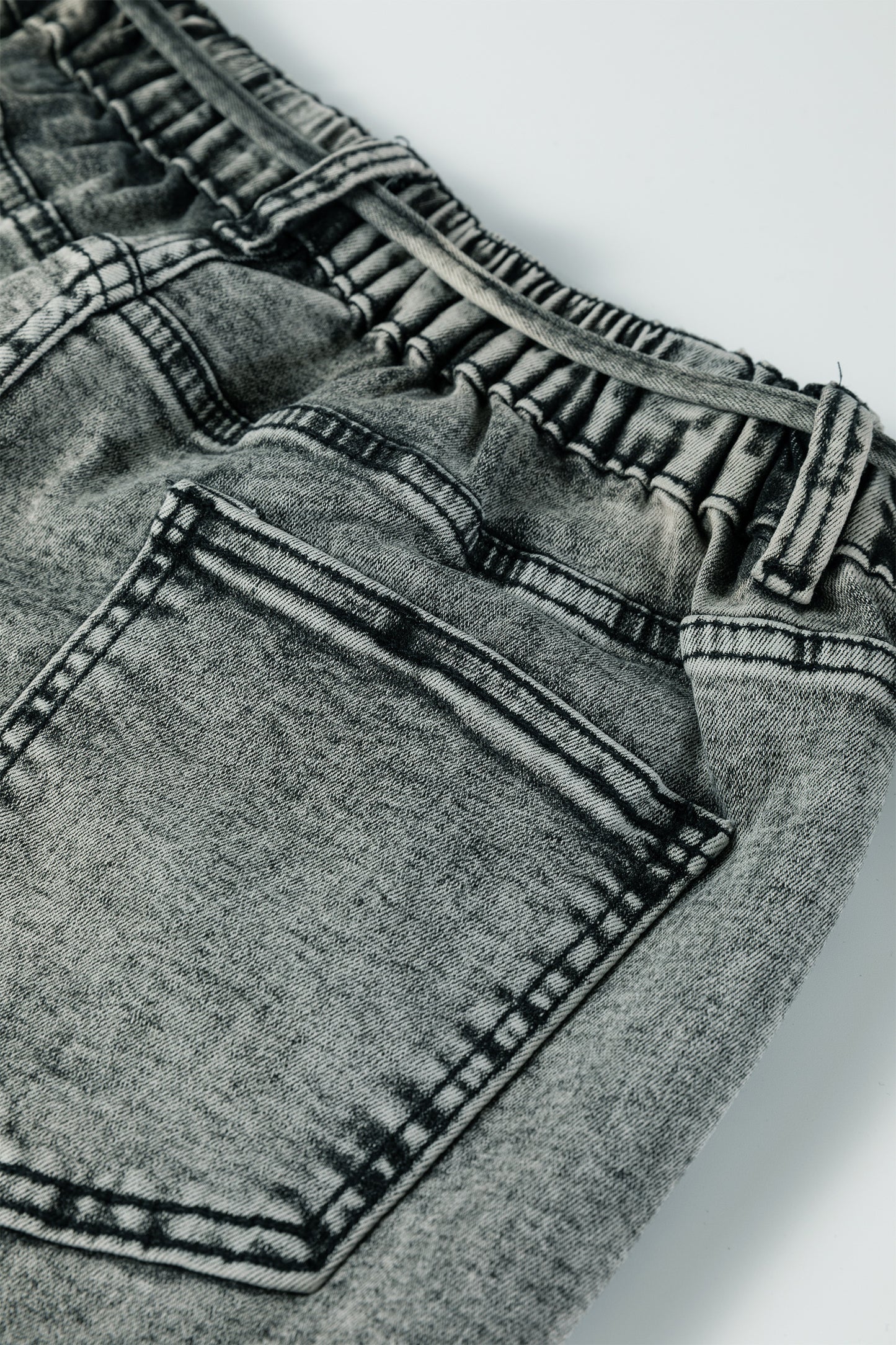 Gray Acid Wash Relaxed Fit Cropped Drawstring Denim Jeans