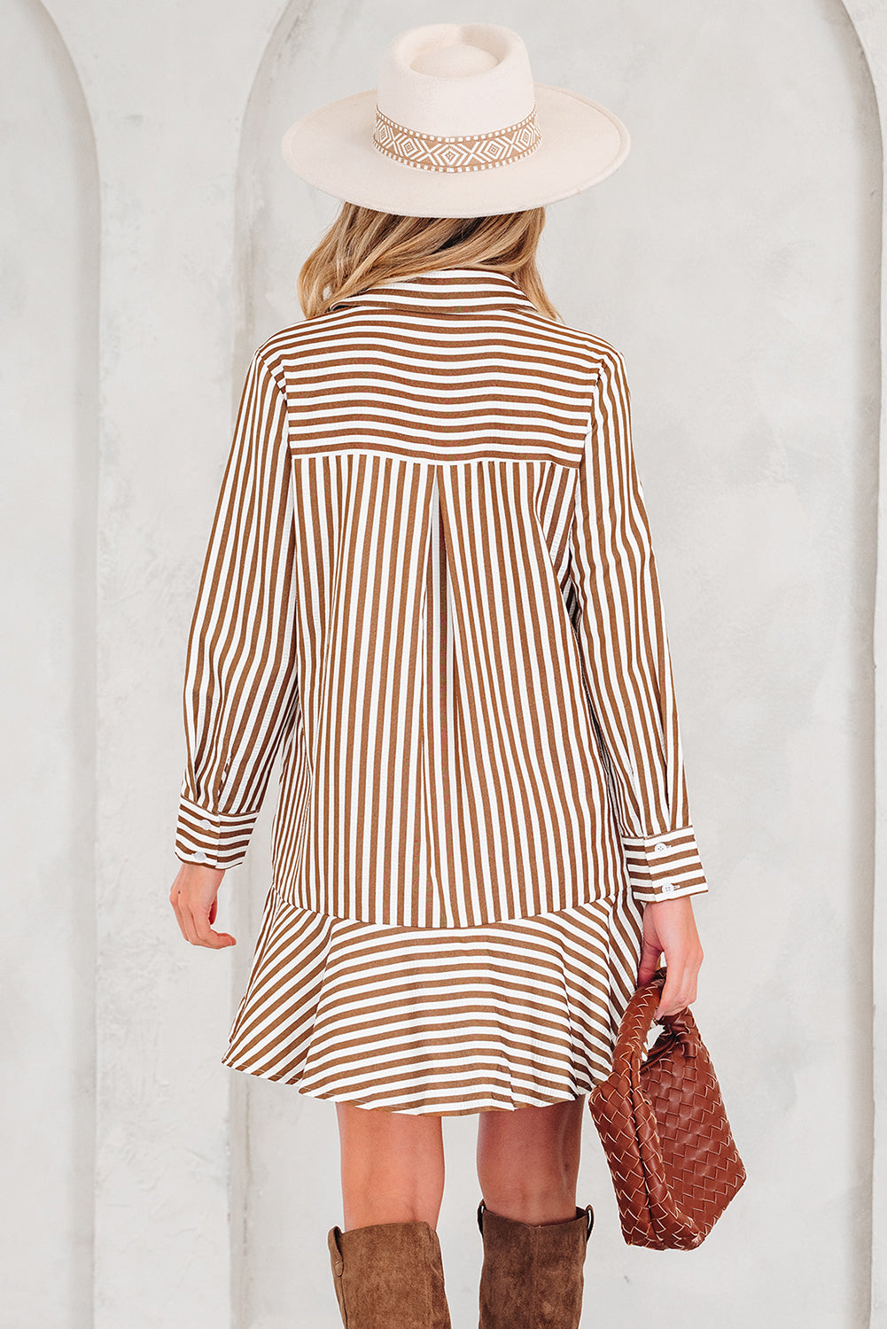Brown Stripe Shirt Mini Dress Women S–XL
