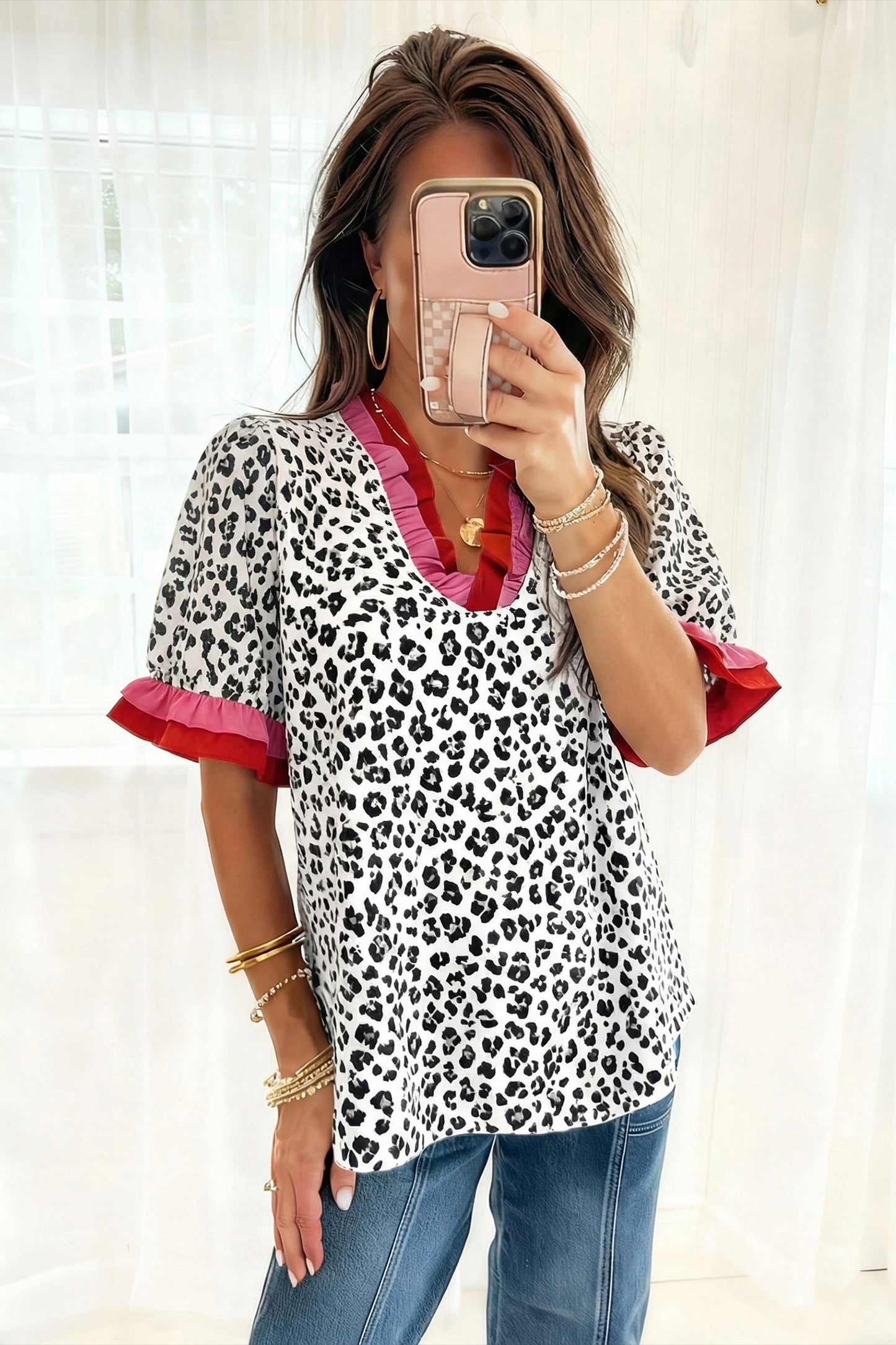 Leopard Print Ruffle Trim V-Neck Blouse
