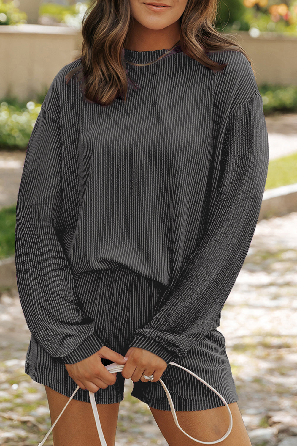 Corded Knit Long Sleeve Top High Waist Shorts Set