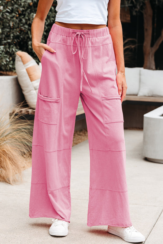 Mineral Wash Exposed Seam Drawstring Wide Leg Cargo Pants