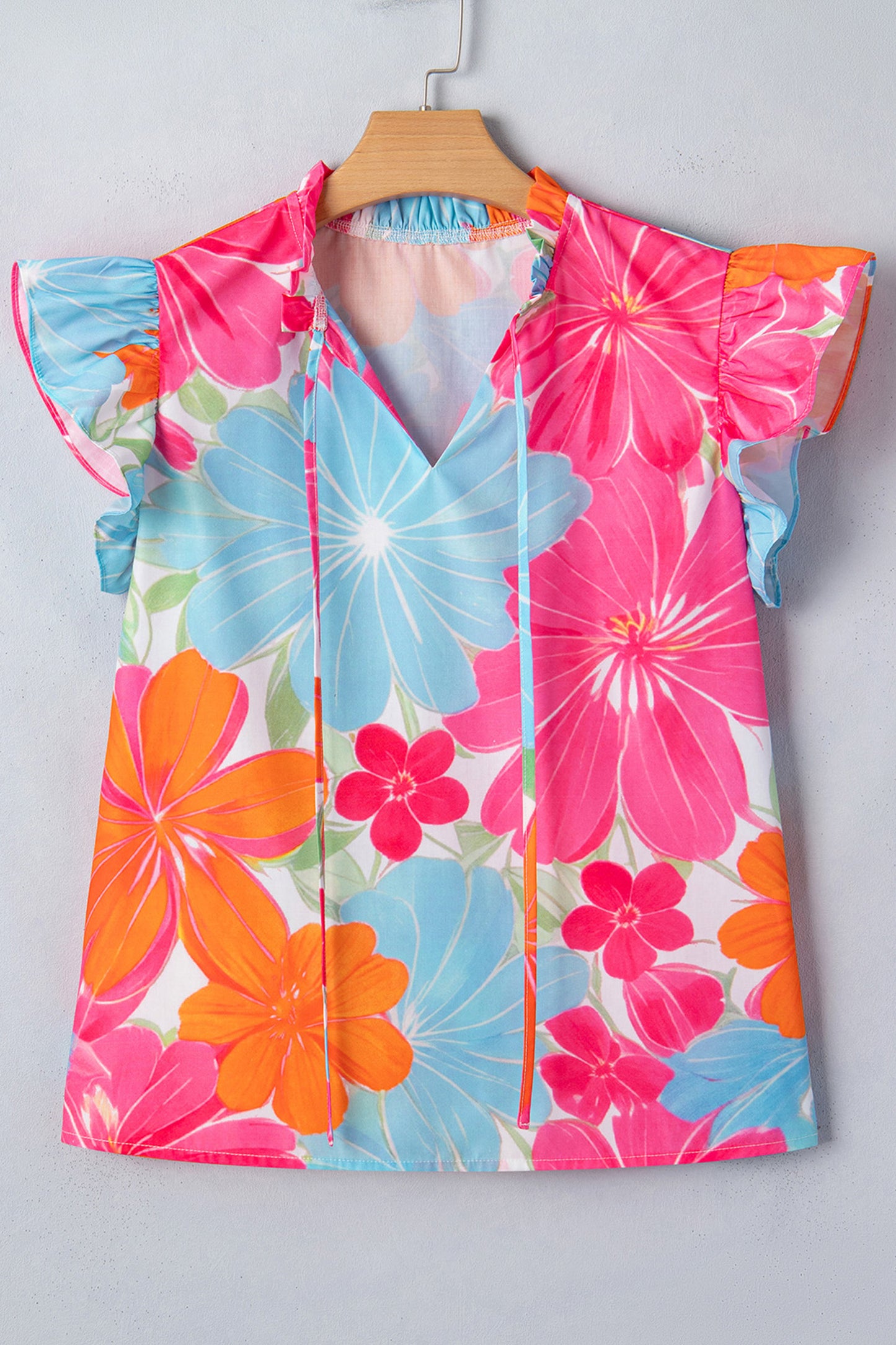 Floral Print Tie V-Neck Ruffle Trim Sleeveless Blouse