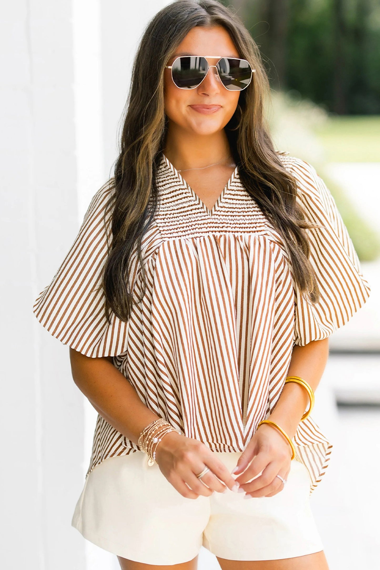 Striped Shirred V-Neck Blouse with Puff Sleeves | Brown