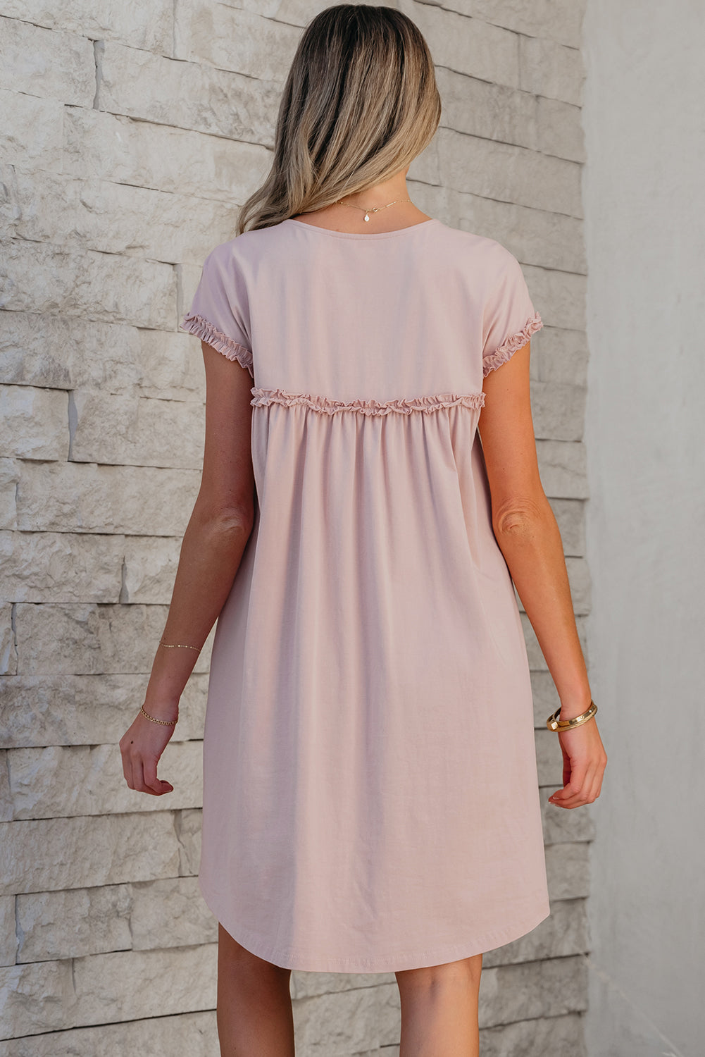 Mint Green & Oatmeal Frilled Trim Crew Neck Loose Fit Mini Dress