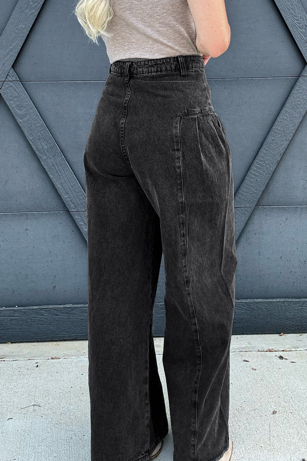 Pleated Wide Leg Mineral Wash Denim Pants | Dark Grey | US 6–16