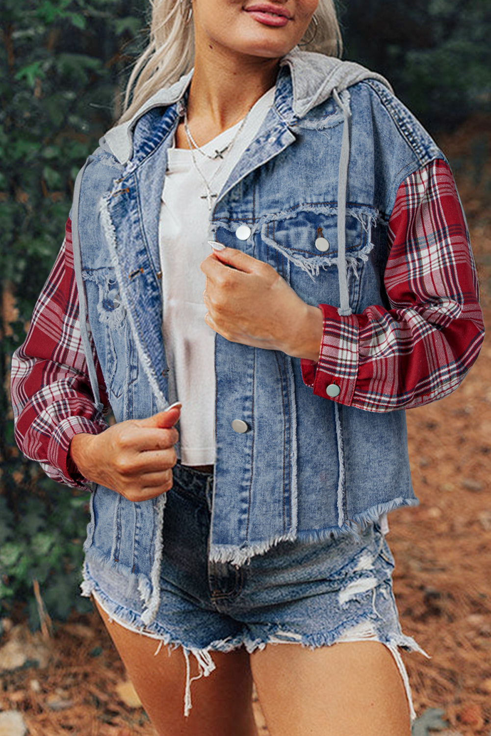 Womens Plaid Patchwork Hooded Denim Jacket S to XL