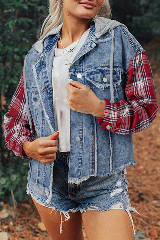 Womens Plaid Patchwork Hooded Denim Jacket S to XL