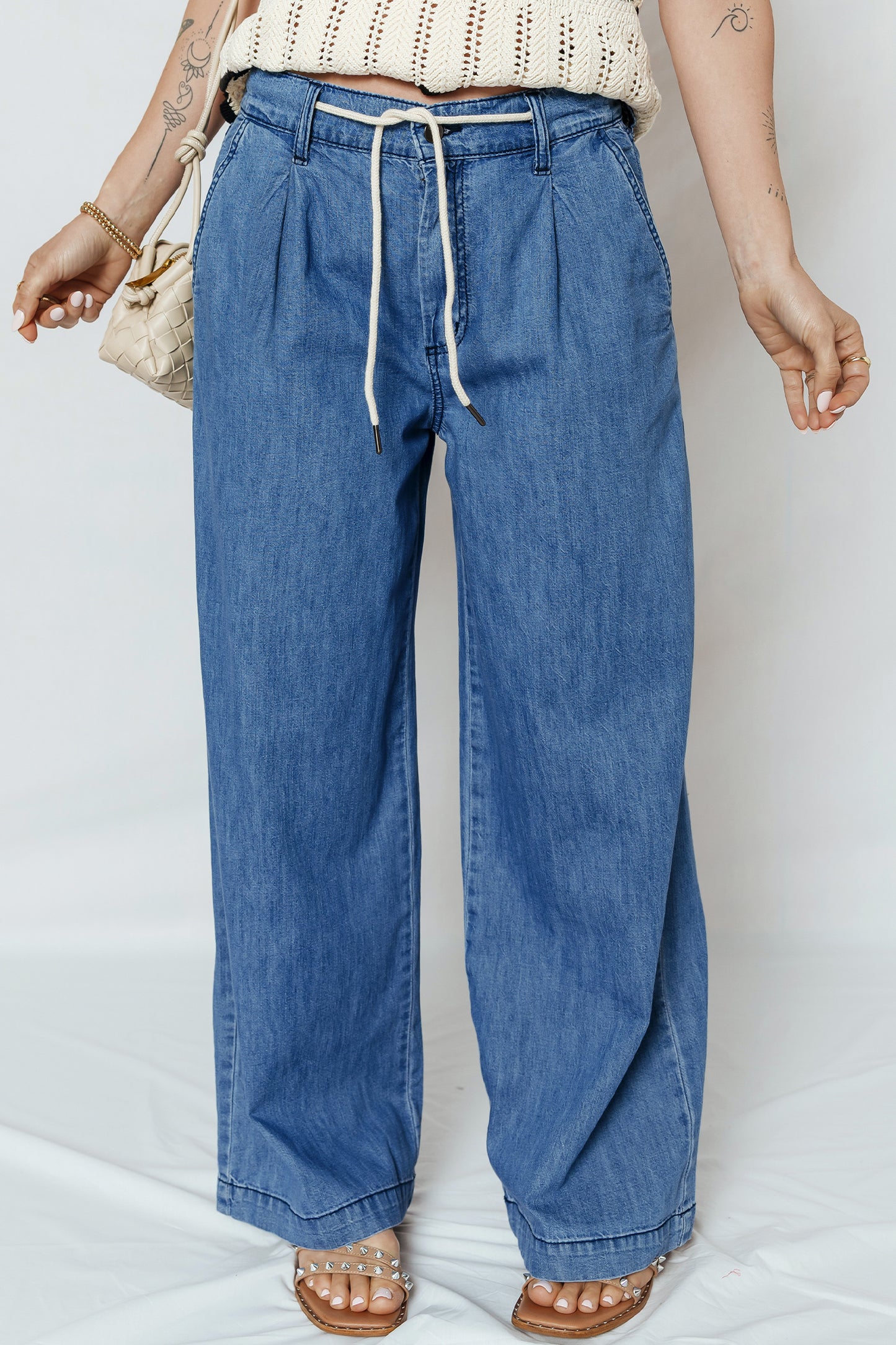 Lace-Up Pull-On Wide Leg Jeans