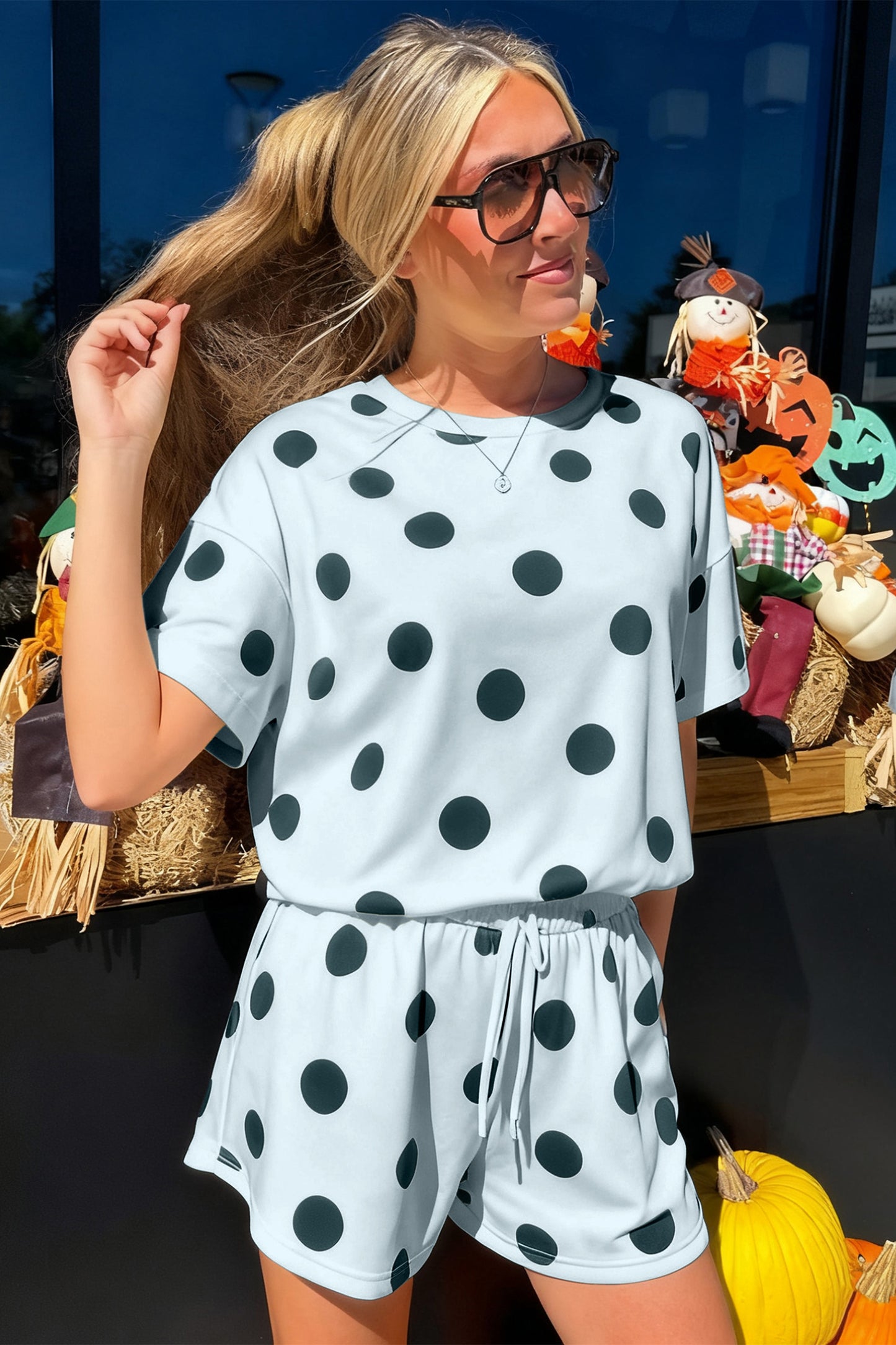 Polka Dot Drop Shoulder Tee & Drawstring Shorts Set