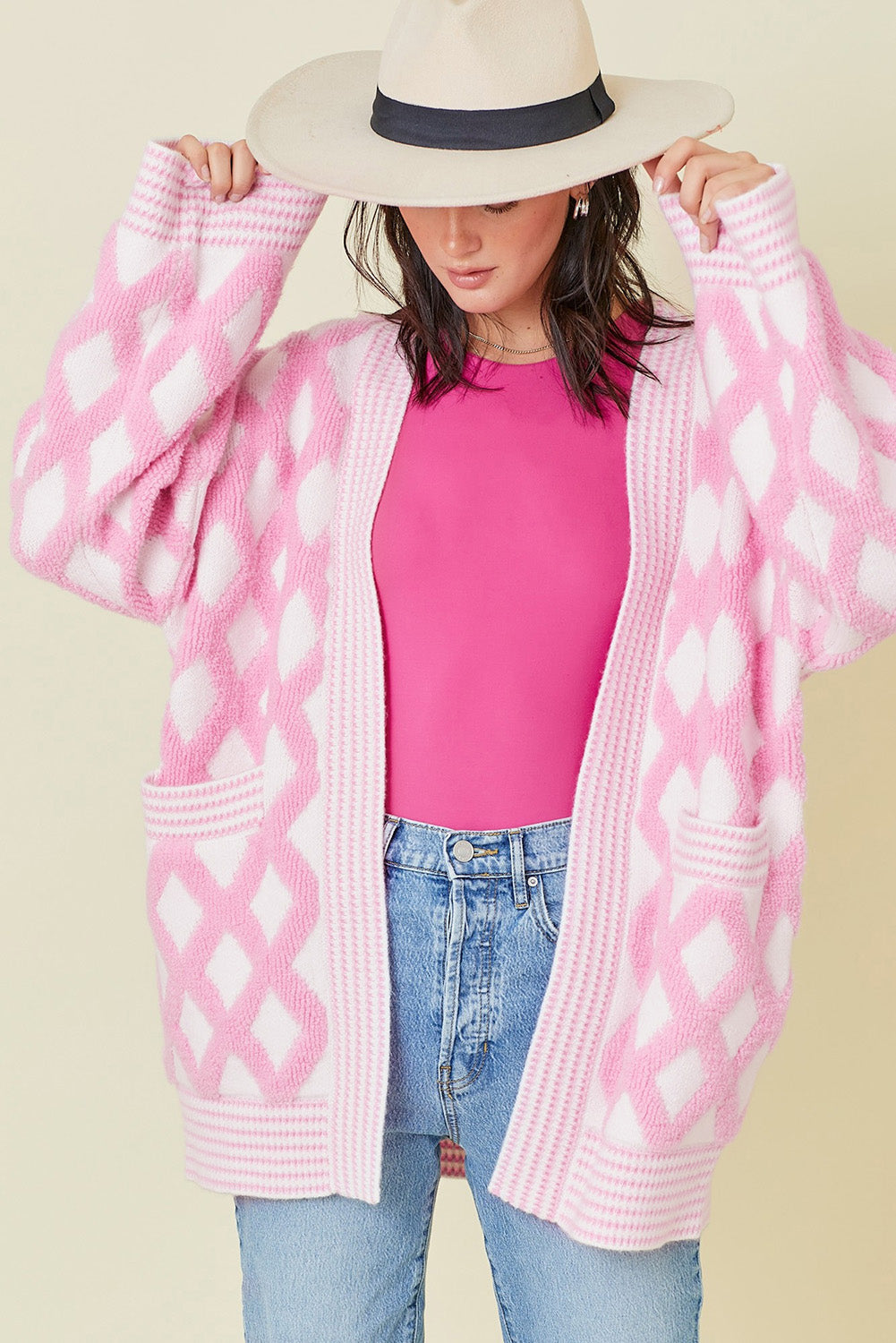 Pink Rhombus Pattern Knit Open Front Pocketed Cardigan