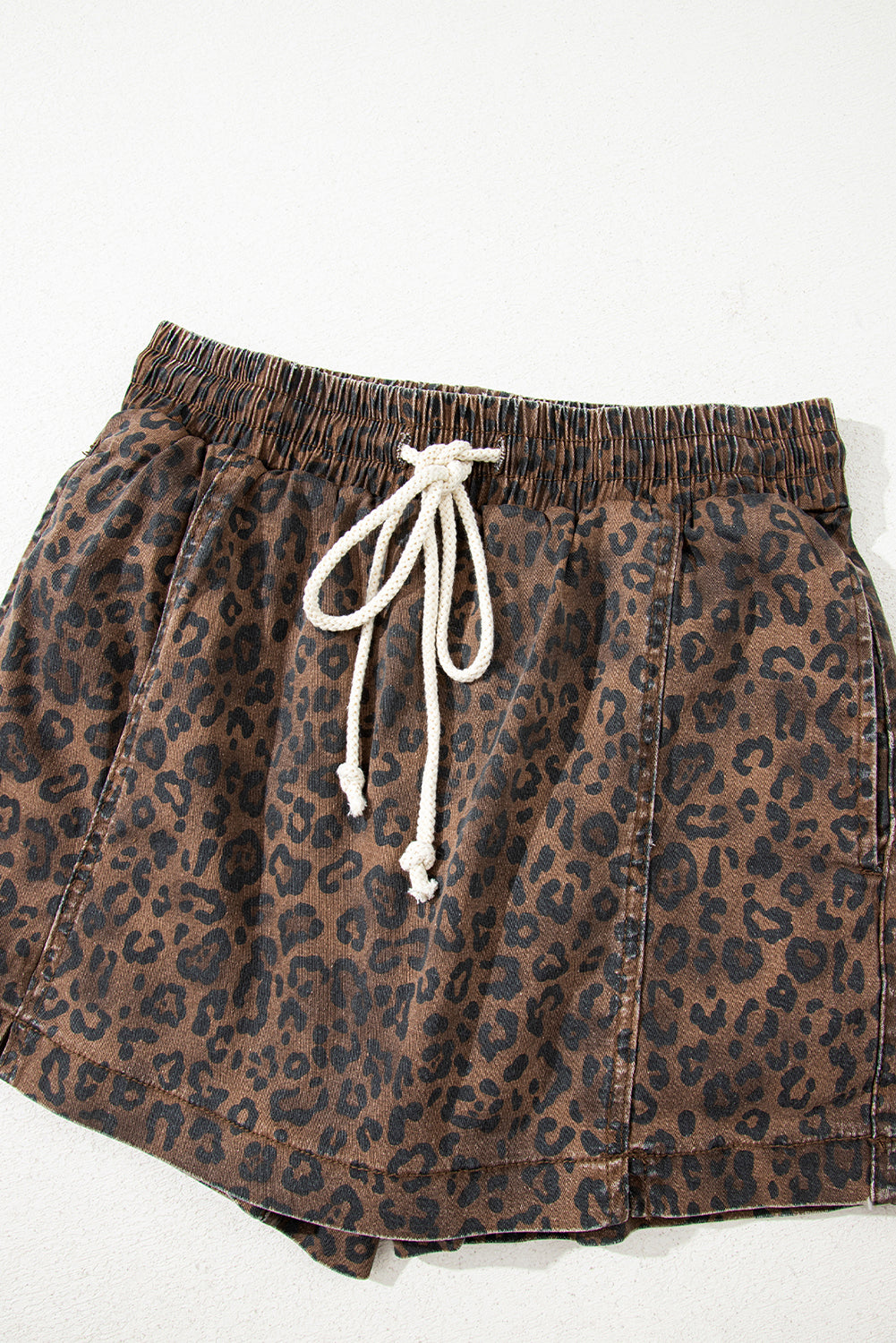 Brown Leopard Print Drawstring Elastic Waist Denim Skort