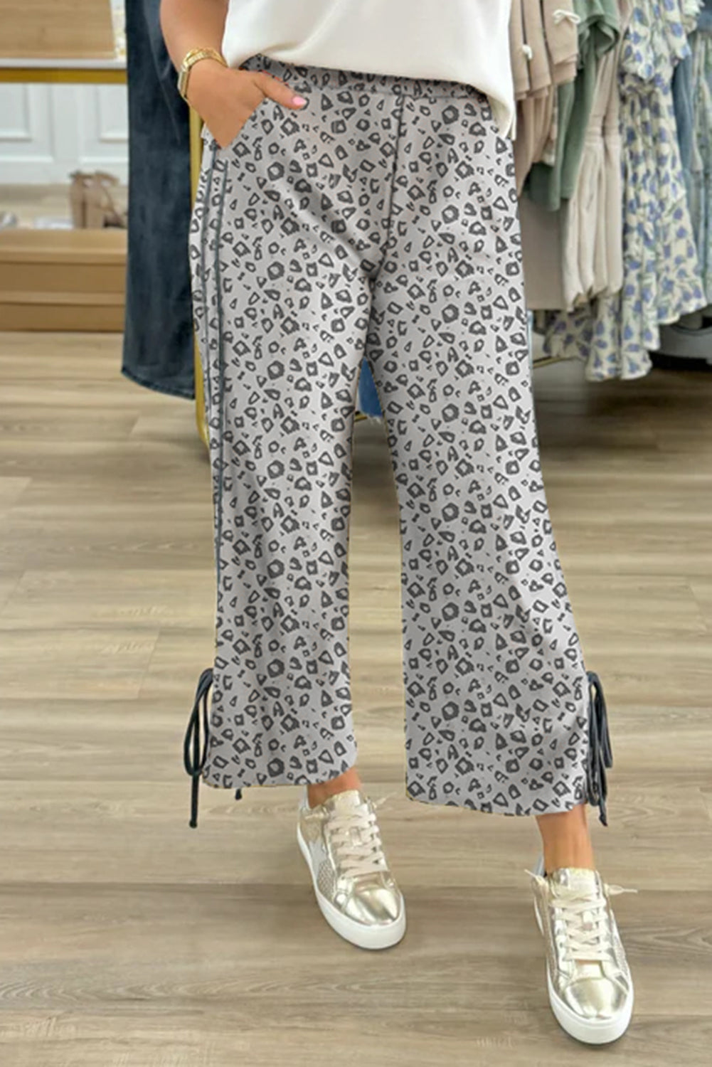 Gray Leopard Print High Waist Side Bow Straight Leg Pants