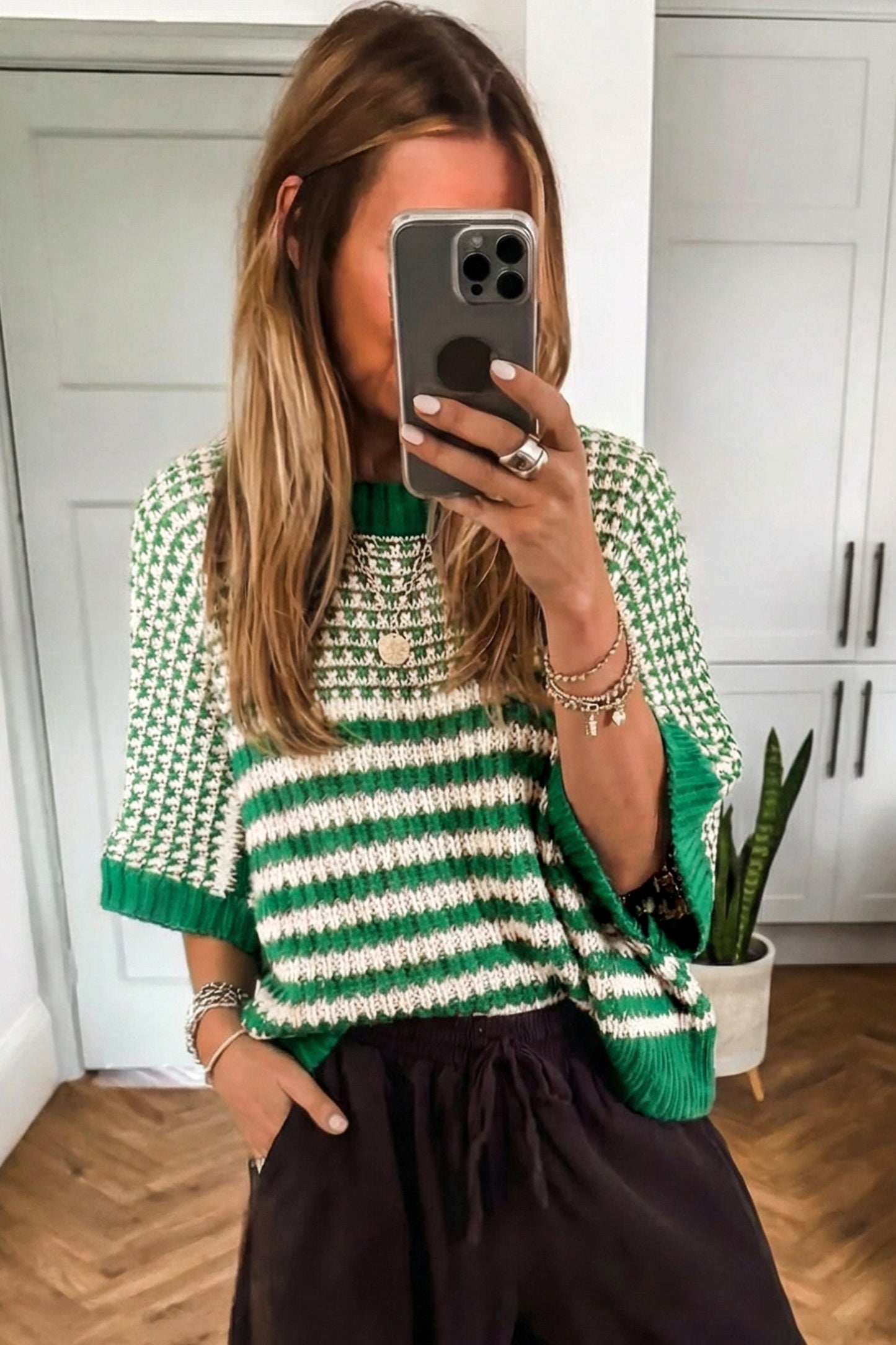 Striped Slouchy Sweater with 3/4 Draped Sleeves | Green Stripe