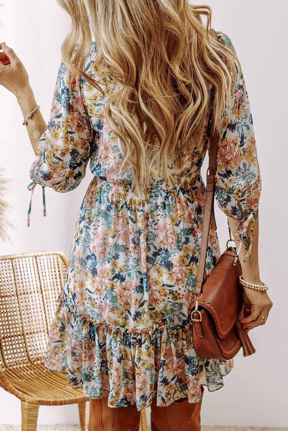 Floral 3/4 Sleeve V-Neck High Waist Ruffled Dress – Sky Blue Women S–XL