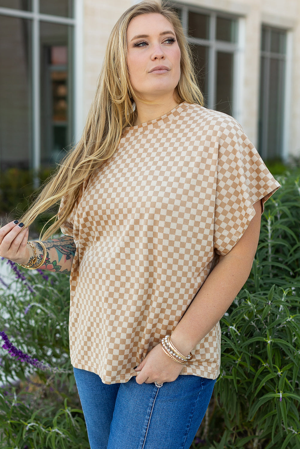 Plus Size Checkerboard Batwing Sleeve Round Neck Tee