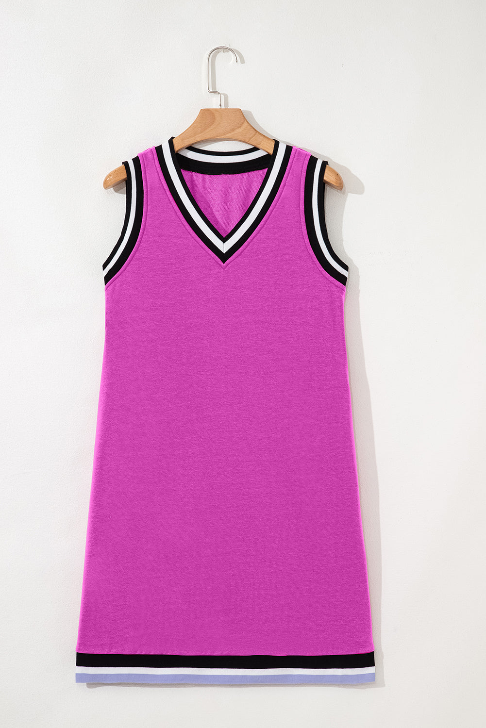 Contrast Stripe Trim V-Neck Sleeveless Shift Mini Dress in Purple Orchid