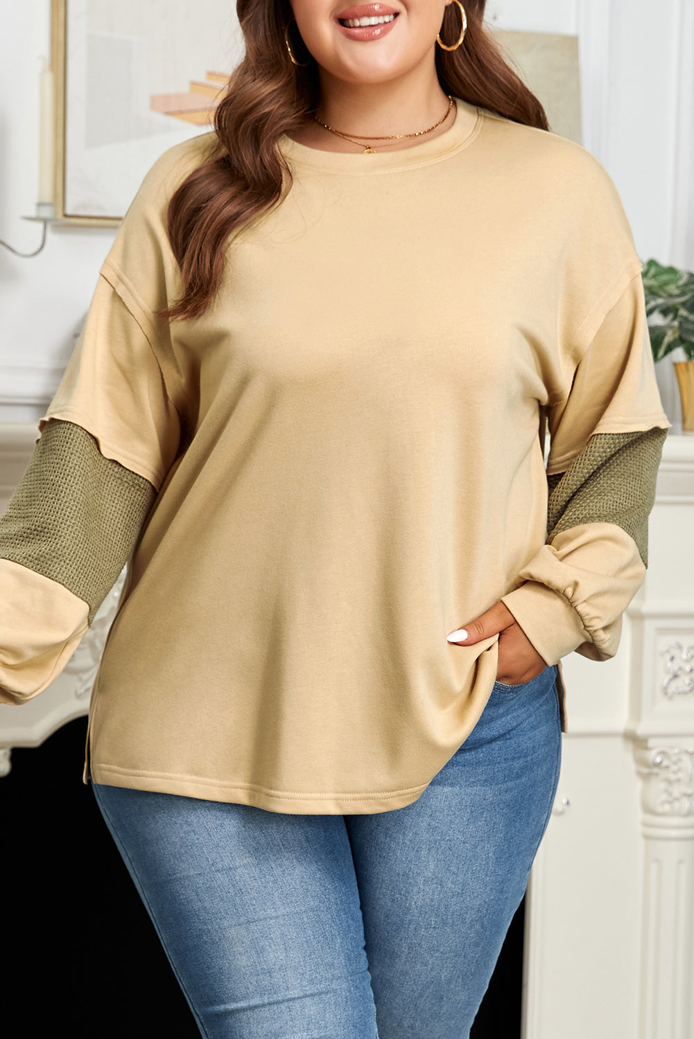 Exposed Seam Drop Shoulder Pullover – Plus Size Beige Olive Stripe 1X–4X