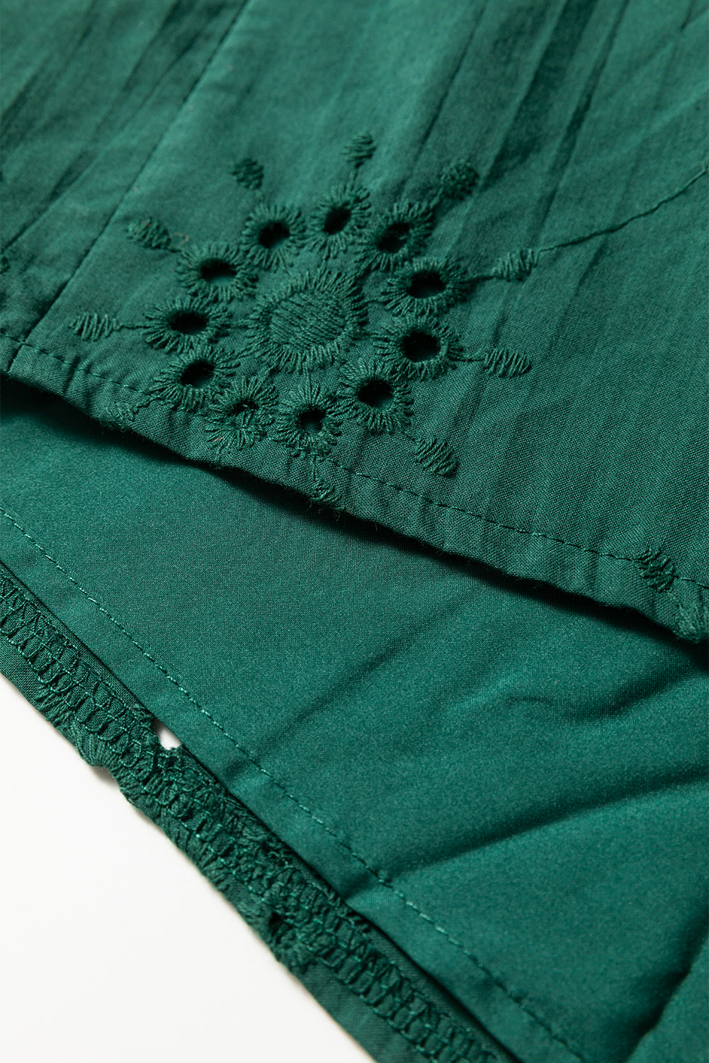 Green Embroidered Eyelet Pattern 3/4 Puffy Sleeve Swing Mini Dress