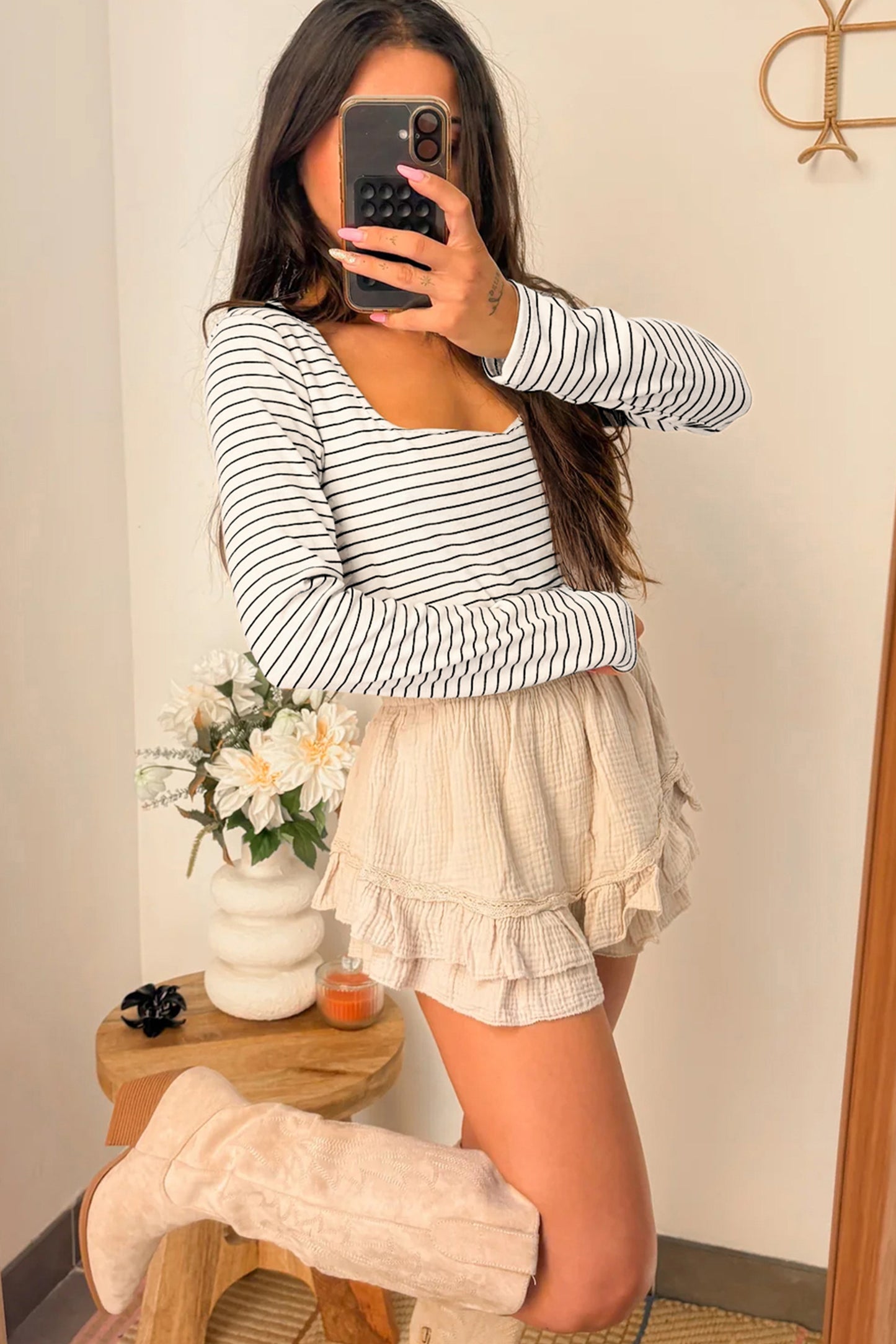Striped Square Neck Long Sleeve Top
