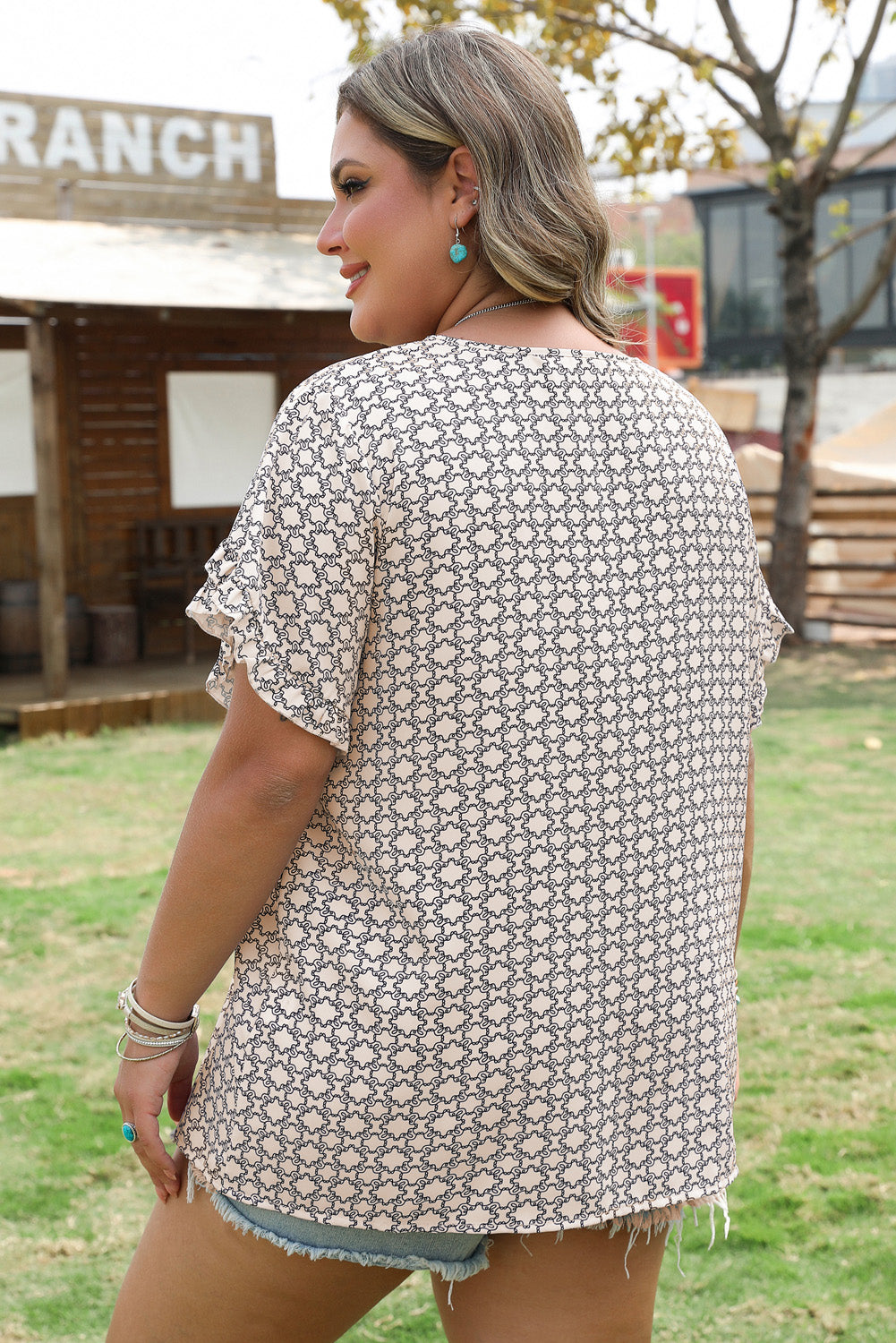 Geometric Print Ruffled Sleeve Blouse | Plus Size | Khaki | 1X–4X