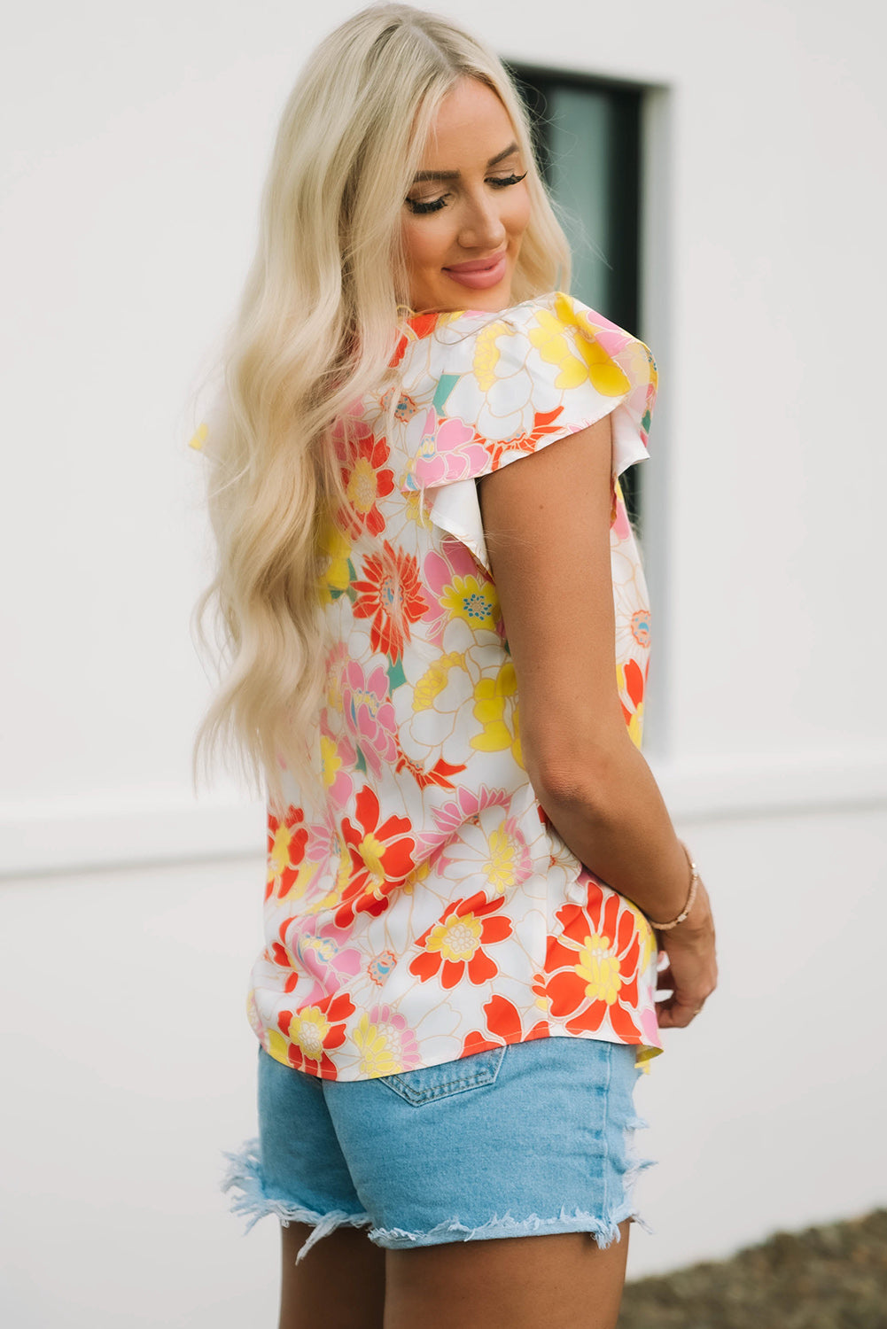 Multicolor Stand Collar Flutter Sleeve Floral Top