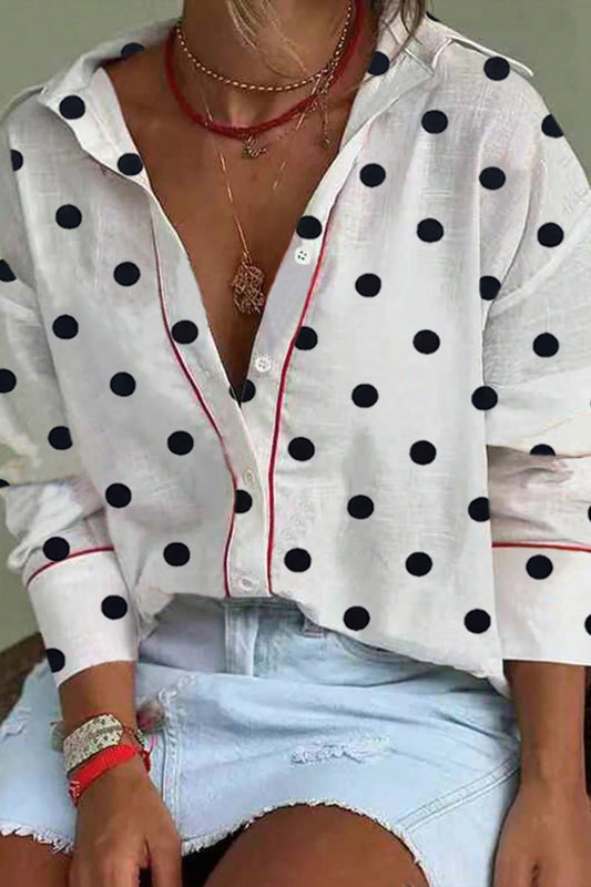 Polka Dot Contrast Piping 3/4 Sleeve Viscose Shirt