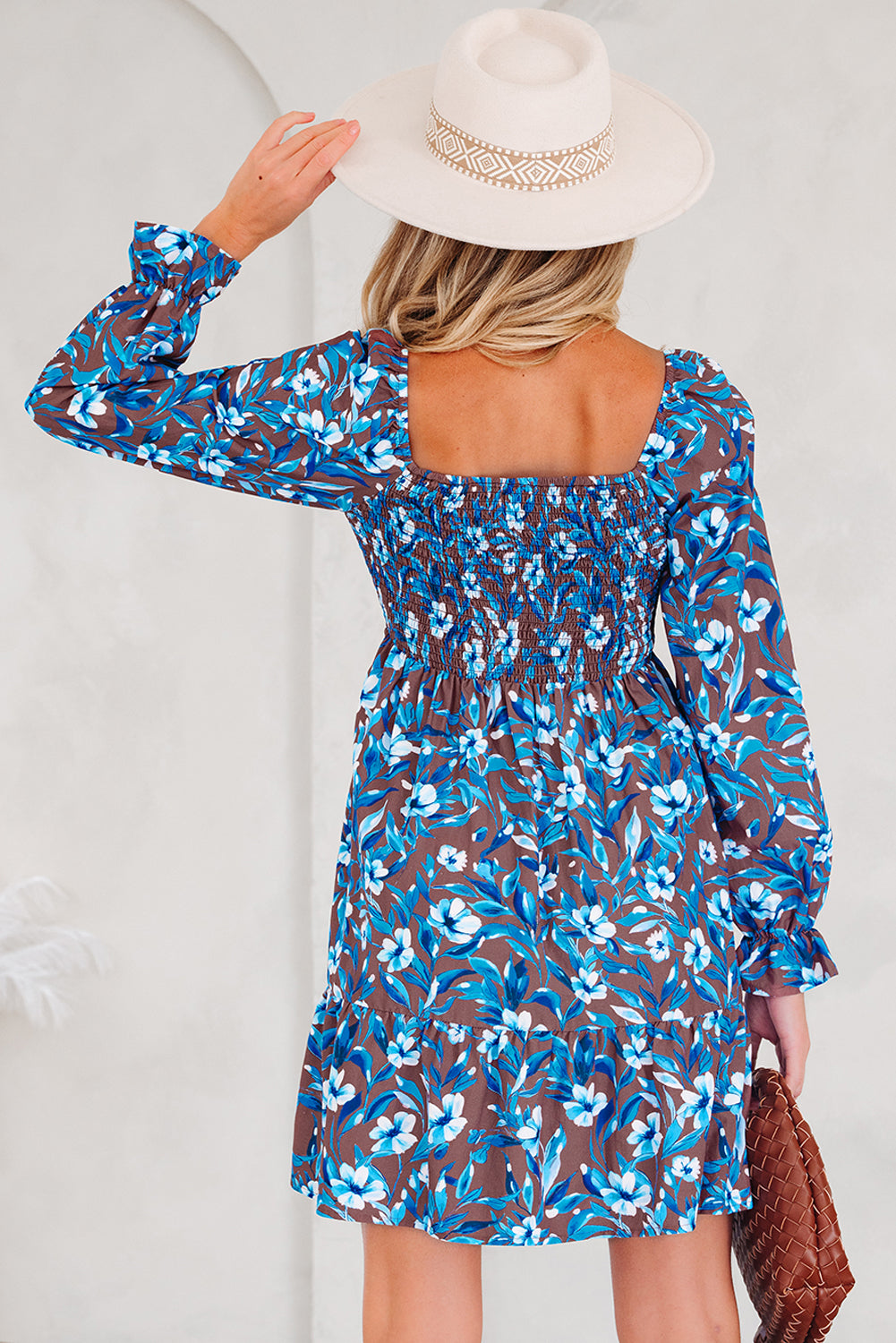 Smocked Bodice High Waist Ruffle Sleeve Floral Dress