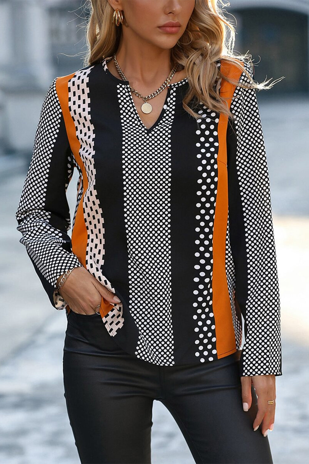 Orange Geo Print Colorblock Notched V-Neck Blouse