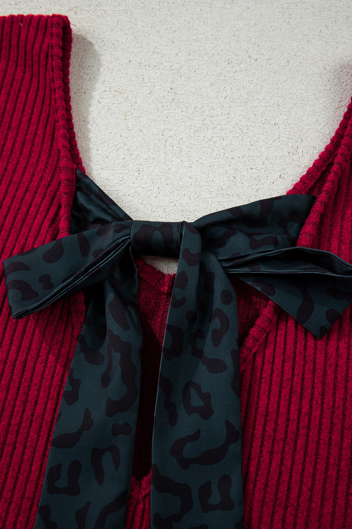 Ribbed V-Neck Bow Back Drop Shoulder Top in Racing Red