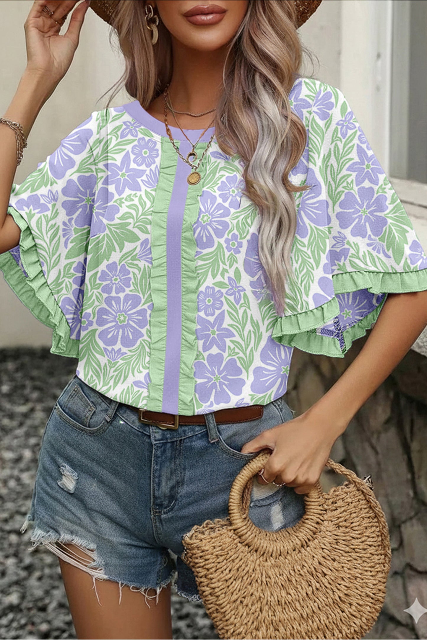 Floral Print Ruffle Sleeve Blouse Women S–XL