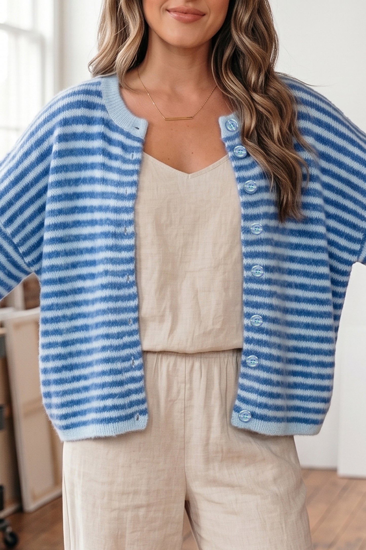 Blue Stripe Knit Button-Down Cardigan – Women S–XL