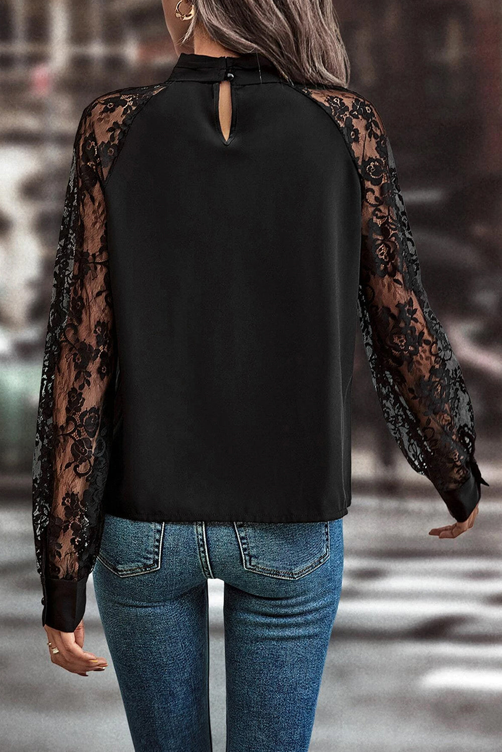 Floral Lace Raglan Sleeve Keyhole Neck Blouse
