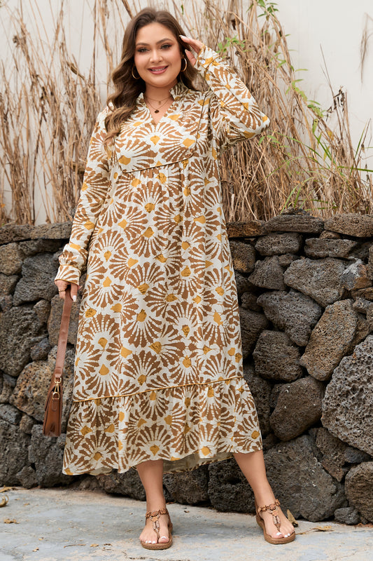Plus Size Women's Khaki Abstract Print Boho Maxi Dress 1X–4X