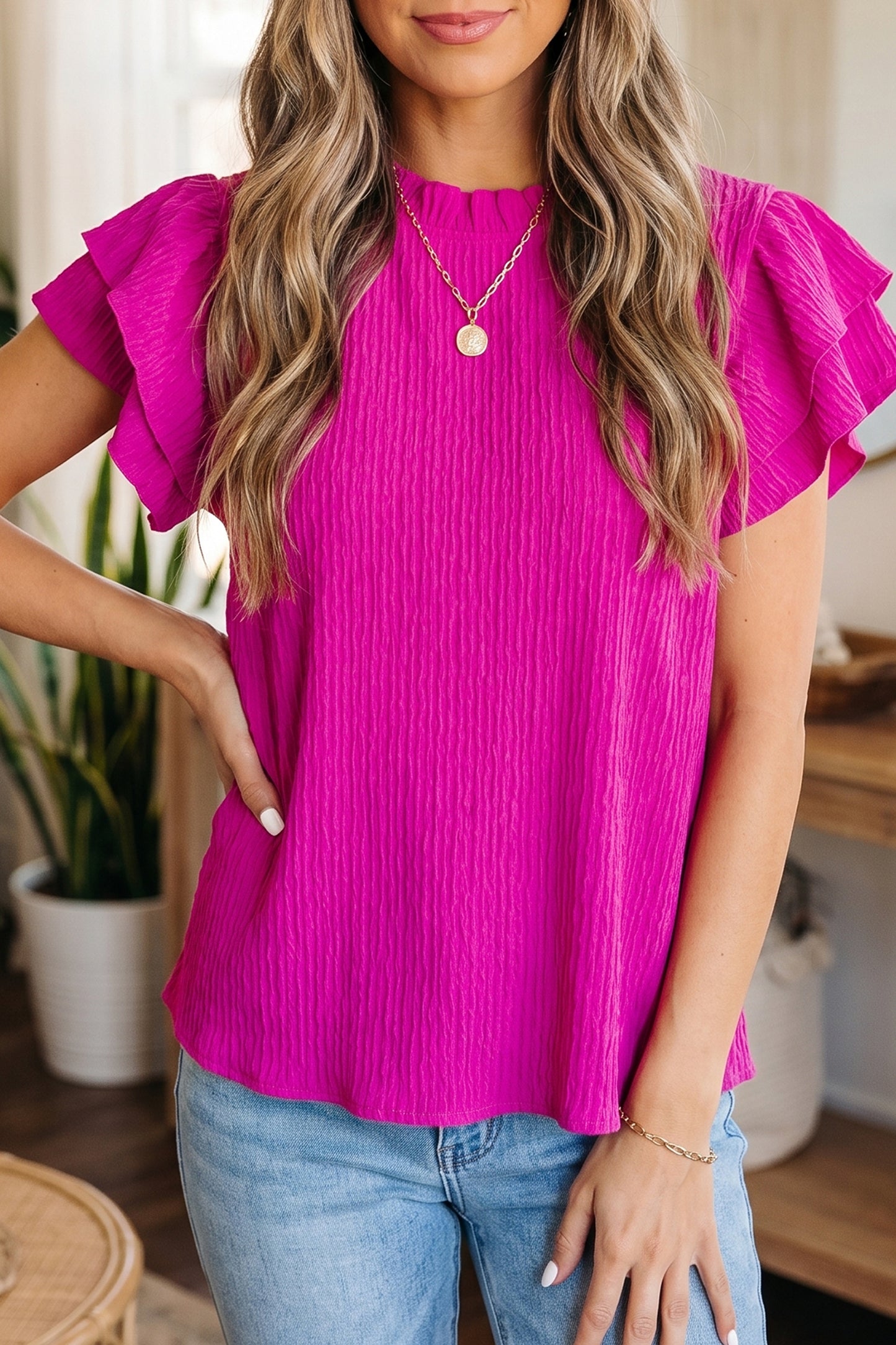Womens Ruffle Trim Textured Blouse S–XL