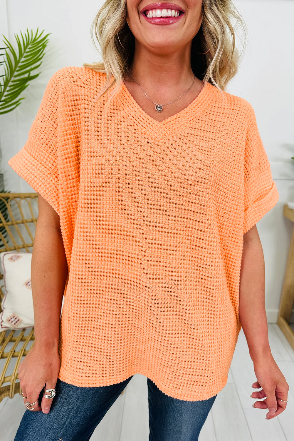 Waffle Knit V-Neck Short Sleeve Cuffed Top