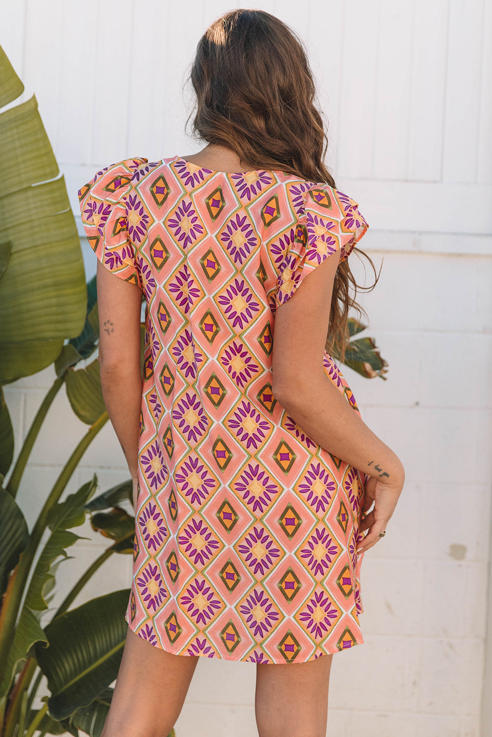 Apricot Geometric Floral V-Neck Buttoned Ruffled Sleeve Mini Dress