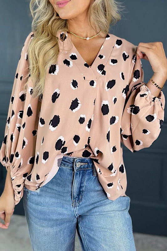 Khaki Classic Leopard Print V-Neck Bracelet Sleeve Blouse – Women's Timeless Animal Print Top (S–XL)