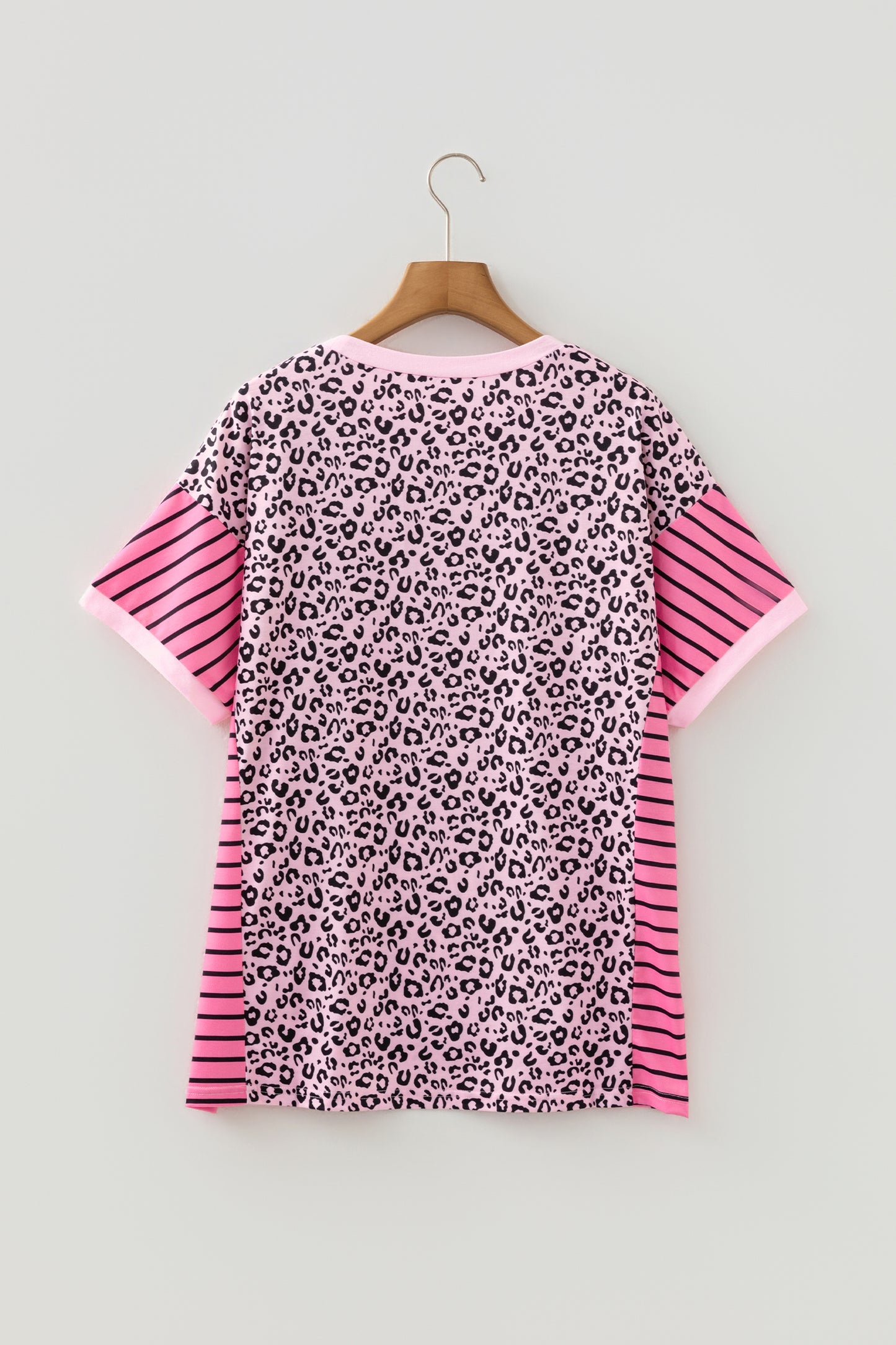 Leopard Stripe Patchwork Side Slit Short Sleeve Top