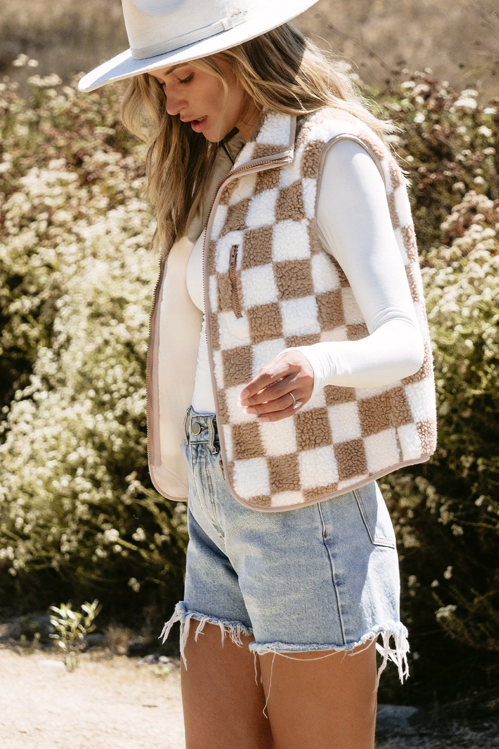 Checkered Sherpa Zip-Up Stand Collar Vest