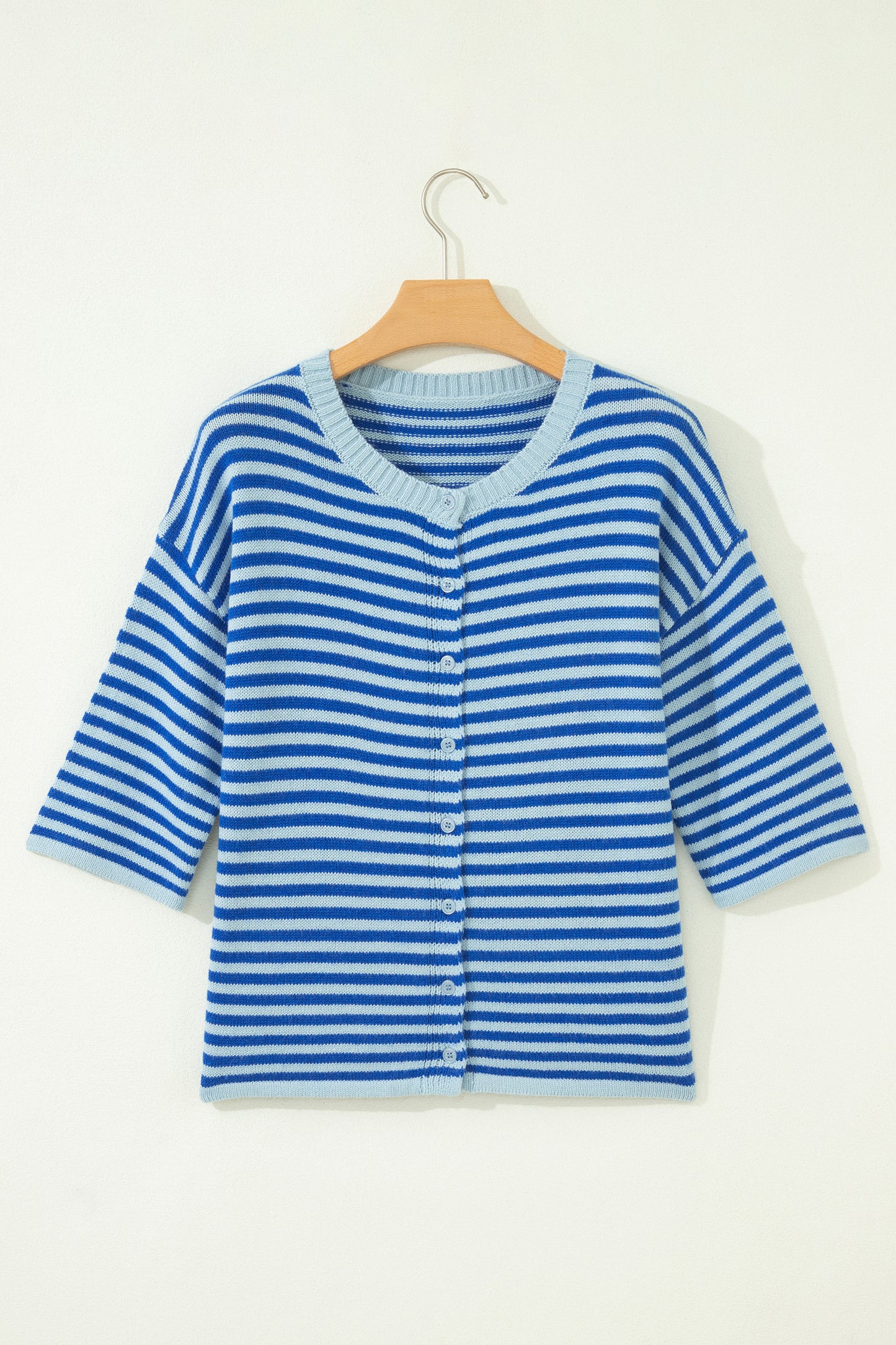 Blue Stripe Knit Button-Down Cardigan – Women S–XL