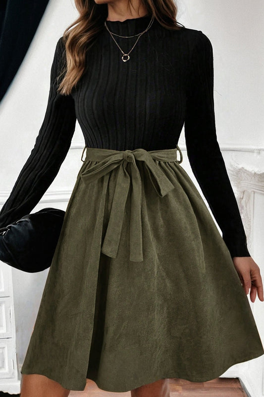 Black Green Ribbed Knit Slim Bodice Contrast Flared Skirt Patchwork Belted Dress