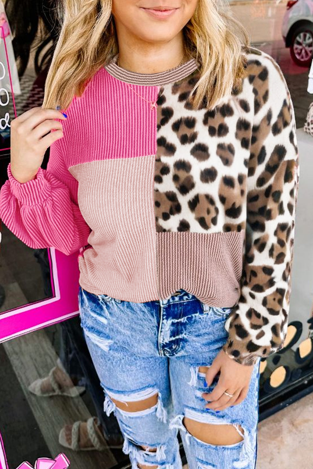 Twisted Ribbed Color Block Leopard Patchwork Long Sleeve Top – Plus Size 1X–4X