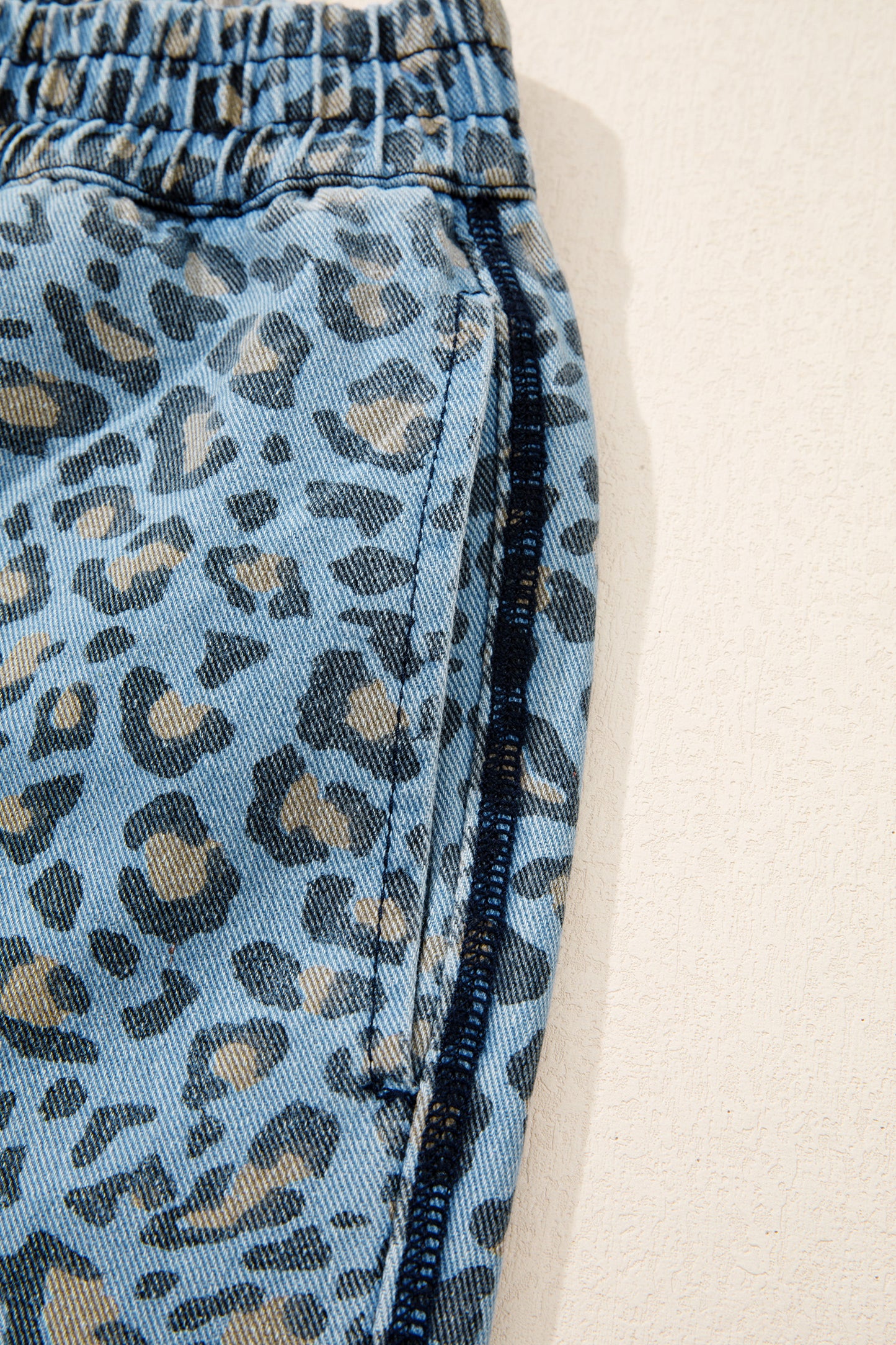 Leopard Print Wide Leg Drawstring Jeans in Blue
