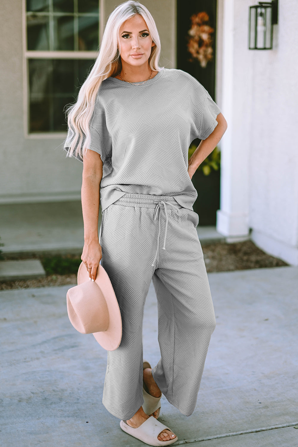 Loose Fit Textured Tee & Drawstring Pants Set Women S–2XL