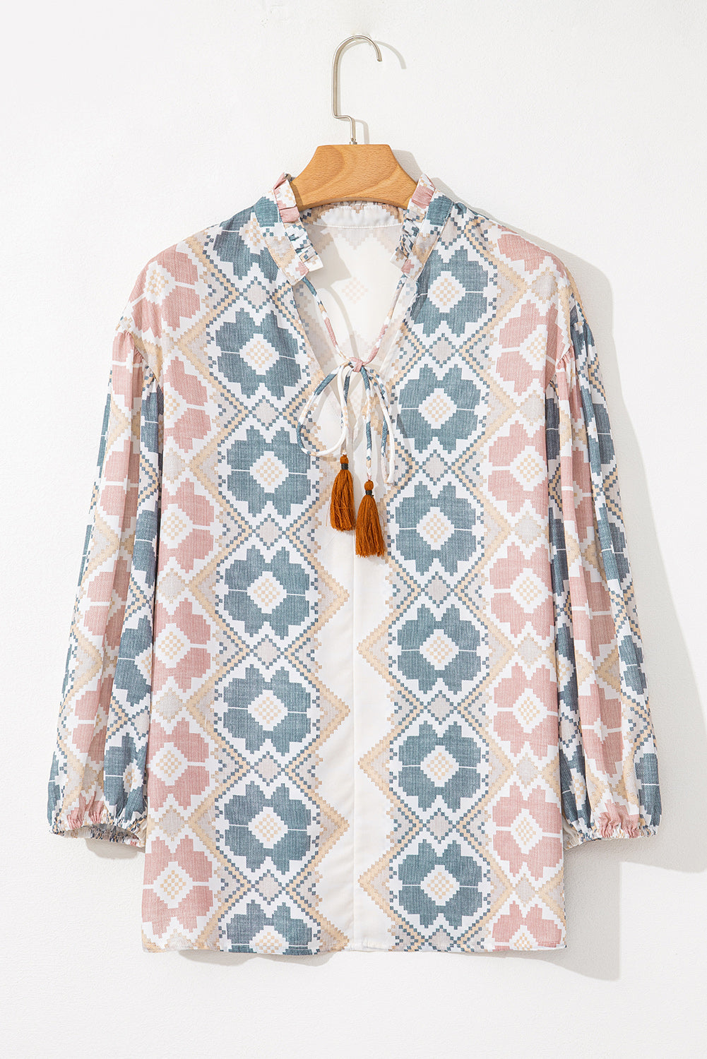 Khaki Aztec Geometric Print Tassel Tie Split Neck Balloon Sleeve Blouse – Women's Boho Western Statement Top (S–XL)