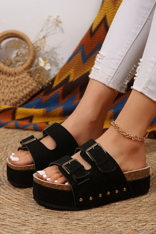 Black Faux Suede Buckle Strap Platform Sandals