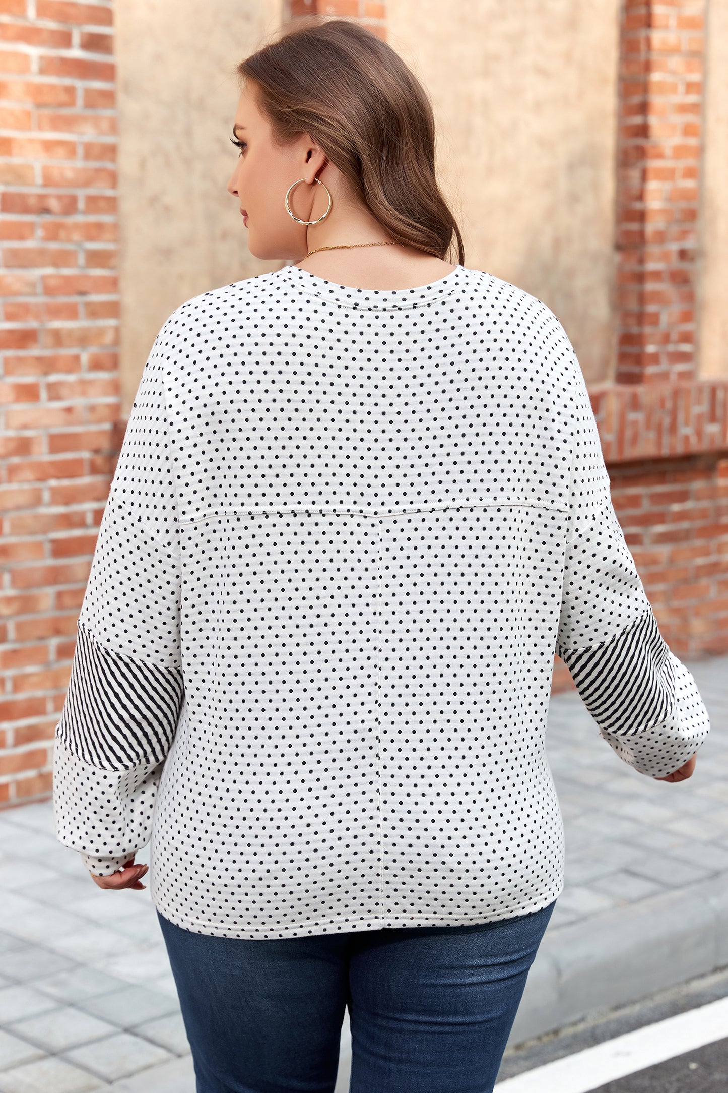 Dot & Stripe Patchwork Henley Long Sleeve Top | Beige | 1X–4X